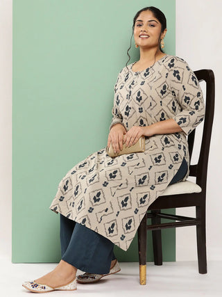 Beige & Navy-Blue Cotton Ethnic Motif Printed Kurta Palazzo Set