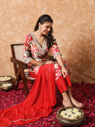 Beige & Red Ryon Print & Embroidered Suit Set with Nazneen Dupatta