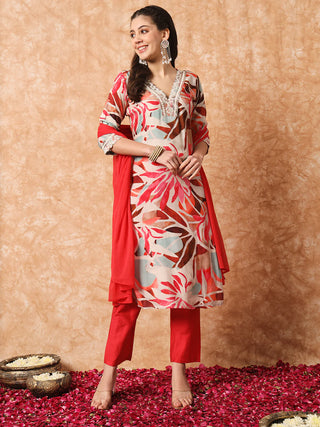 Beige & Red Ryon Print & Embroidered Suit Set with Nazneen Dupatta