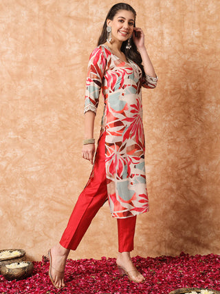 Beige & Red Ryon Print & Embroidered Suit Set with Nazneen Dupatta