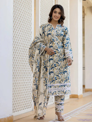 Beige, Blue & White Cotton Leaf Print Straight Shape Pakistani Style Suit Set with Voile Dupatta