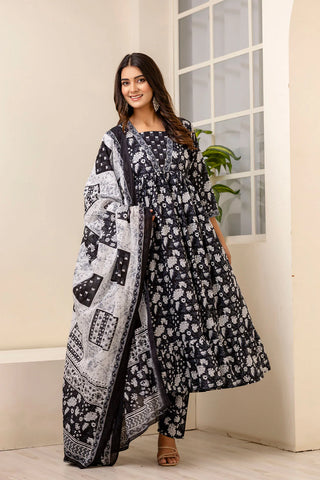 Black Pure Cotton Floral Print Anarkali Suit Set with Dupatta