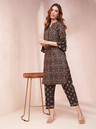 Black Cotton Ethnic Motif Print Kurta Trouser Set