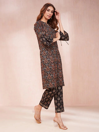 Black Cotton Ethnic Motif Print Kurta Trouser Set