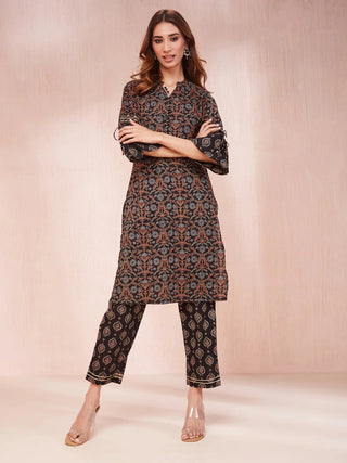 Black Cotton Ethnic Motif Print Kurta Trouser Set