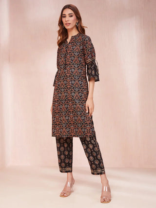 Black Cotton Ethnic Motif Print Kurta Trouser Set