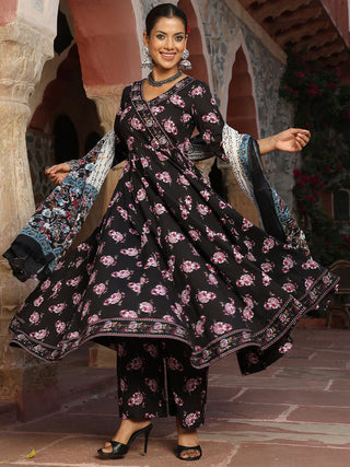 Black Pure Cotton Floral Print Anarkali Suit Set with Dupatta