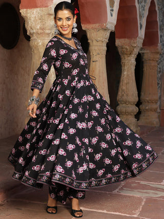 Black Pure Cotton Floral Print Anarkali Suit Set with Dupatta