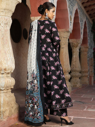 Black Pure Cotton Floral Print Anarkali Suit Set with Dupatta