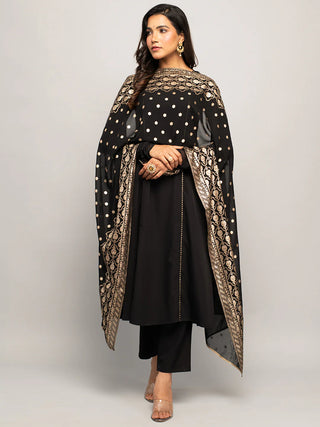 Black Crepe A Line Foil Print & Lace Detailing Suit Set with Georgette Dupatta