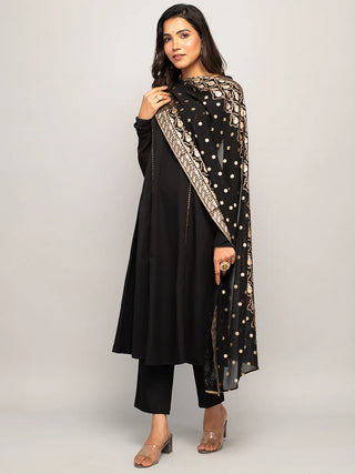 Black Crepe A Line Foil Print & Lace Detailing Suit Set with Georgette Dupatta