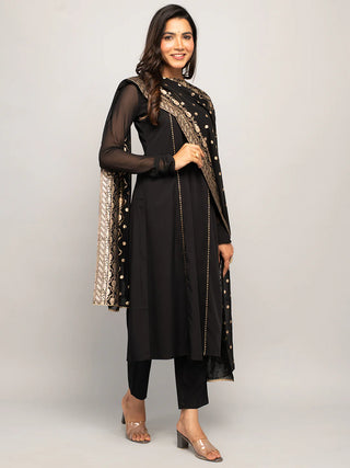 Black Crepe A Line Foil Print & Lace Detailing Suit Set with Georgette Dupatta