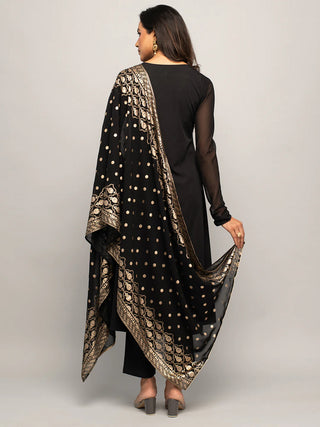 Black Crepe A Line Foil Print & Lace Detailing Suit Set with Georgette Dupatta