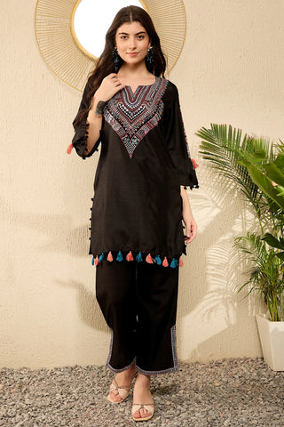 Black Viscose Rayon Sequined Embroidered Kurta Trouser CO-Ord Set