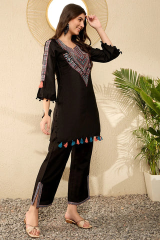 Black Viscose Rayon Sequined Embroidered Kurta Trouser CO-Ord Set