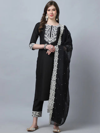 Black Pure Silk Embroidered Straight Shape Suit Set with Chanderi Cotton Dupatta