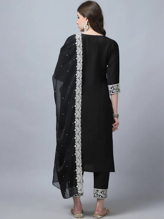 Black Pure Silk Embroidered Straight Shape Suit Set with Chanderi Cotton Dupatta