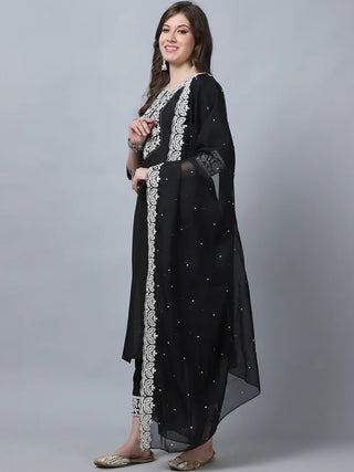 Black Pure Silk Embroidered Straight Shape Suit Set with Chanderi Cotton Dupatta