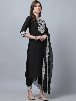 Black Pure Silk Embroidered Straight Shape Suit Set with Chanderi Cotton Dupatta