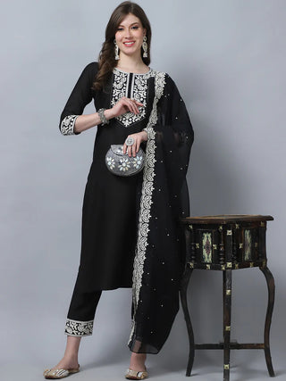 Black Pure Silk Embroidered Straight Shape Suit Set with Chanderi Cotton Dupatta