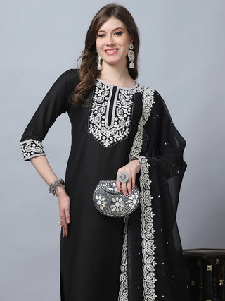 Black Pure Silk Embroidered Straight Shape Suit Set with Chanderi Cotton Dupatta