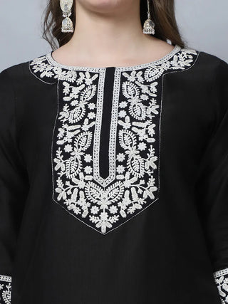 Black Pure Silk Embroidered Straight Shape Suit Set with Chanderi Cotton Dupatta