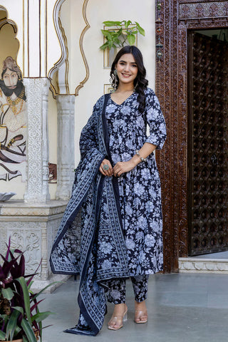 Black Pure Cotton Floral Print Anarkali Suit Set with Dupatta