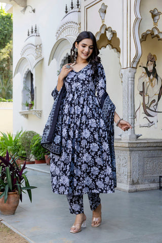 Black Pure Cotton Floral Print Anarkali Suit Set with Dupatta