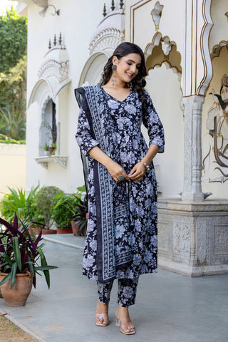 Black Pure Cotton Floral Print Anarkali Suit Set with Dupatta