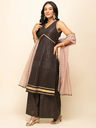 Black Cotton Lace & Zari Detailing Suit Set with Organza Dupatta