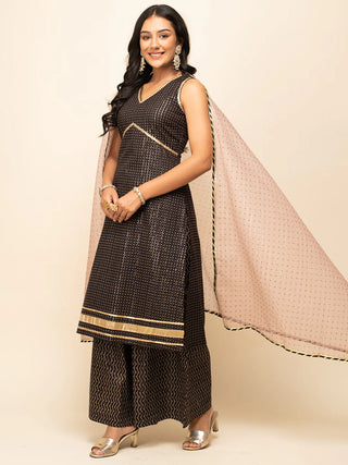 Black Cotton Lace & Zari Detailing Suit Set with Organza Dupatta