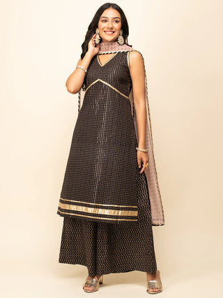 Black Cotton Lace & Zari Detailing Suit Set with Organza Dupatta