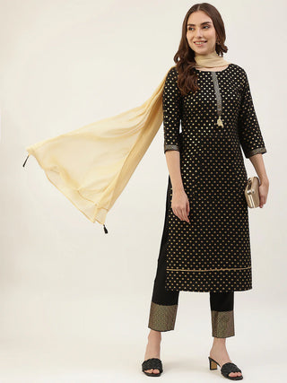 Black Poly Crepe Foil Print Suit Set with Georgette Dupatta