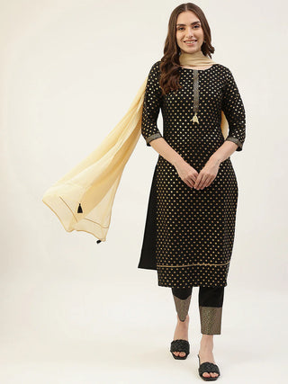 Black Poly Crepe Foil Print Suit Set with Georgette Dupatta