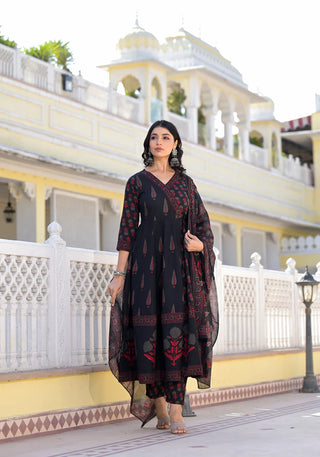 Black Viscose Printed Anarkali Suit Set with Chanderi Cotton Dupatta