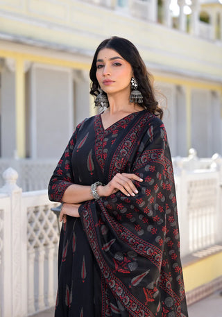 Black Viscose Printed Anarkali Suit Set with Chanderi Cotton Dupatta