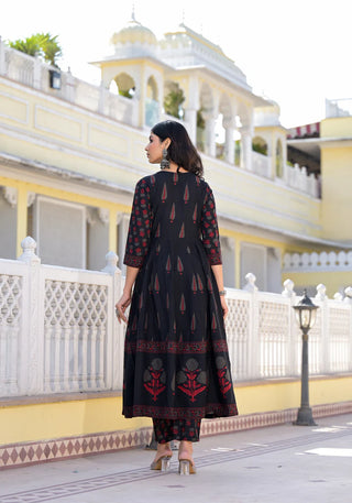 Black Viscose Printed Anarkali Suit Set with Chanderi Cotton Dupatta