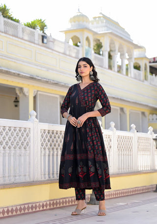 Black Viscose Printed Anarkali Suit Set with Chanderi Cotton Dupatta