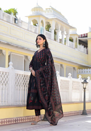 Black Viscose Printed Anarkali Suit Set with Chanderi Cotton Dupatta