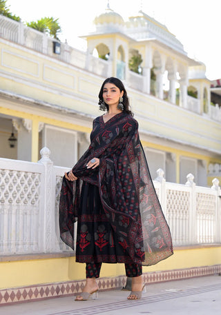 Black Viscose Printed Anarkali Suit Set with Chanderi Cotton Dupatta