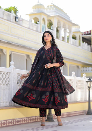 Black Viscose Printed Anarkali Suit Set with Chanderi Cotton Dupatta