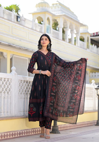 Black Viscose Printed Anarkali Suit Set with Chanderi Cotton Dupatta