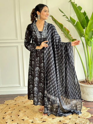 Black Cotton Print & Embroidered Suit Set with Chanderi Cotton Dupatta