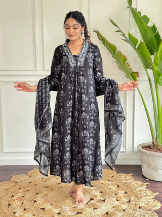 Black Cotton Print & Embroidered Suit Set with Chanderi Cotton Dupatta