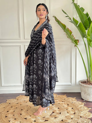 Black Cotton Print & Embroidered Suit Set with Chanderi Cotton Dupatta