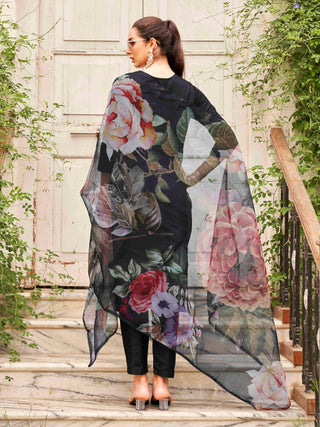 Black Cotton Blend Solid Straight Shape Suit Set with Digital Print Organza Dupatta