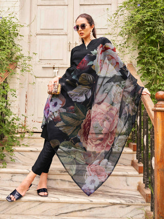 Black Cotton Blend Solid Straight Shape Suit Set with Digital Print Organza Dupatta