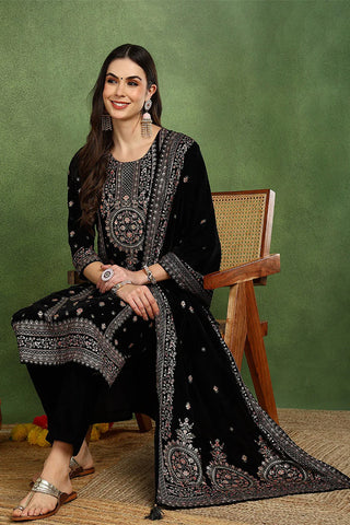 Black Velvet Ethnic Motif Printed Straight Shape Suit Set with Dupatta