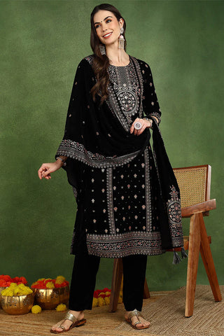 Black Velvet Ethnic Motif Printed Straight Shape Suit Set with Dupatta