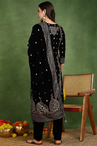 Black Velvet Ethnic Motif Printed Straight Shape Suit Set with Dupatta